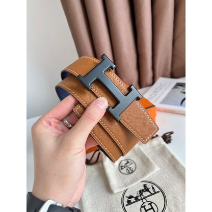 HERM H Reversible 38MM Belt with matte Buckle in Blue and Gold Epsom Leather