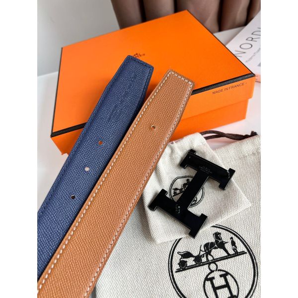 HERM H Reversible 38MM Belt with matte Buckle in Blue and Gold Epsom Leather