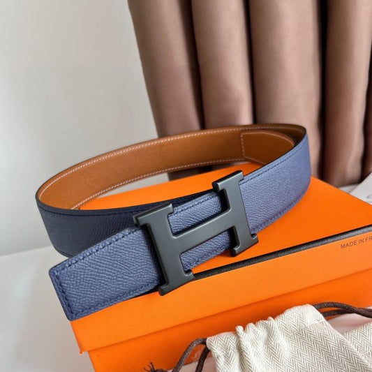 HERM H Reversible 38MM Belt with matte Buckle in Blue and Gold Epsom Leather