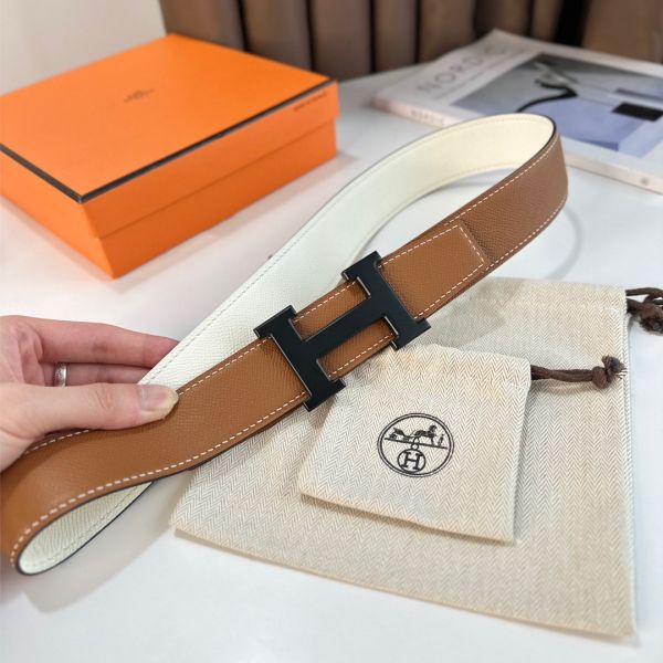 HERM H Reversible 38MM Belt with matte Buckle in White and Gold Epsom Leather