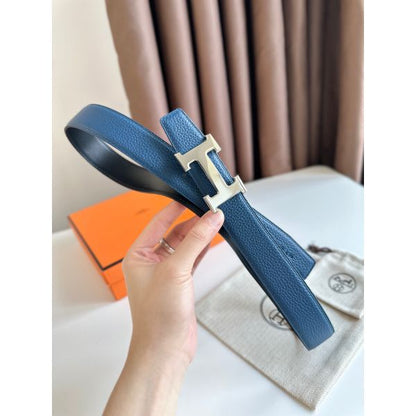HERM H Reversible Belt 32MM in Blue Clemence Leather