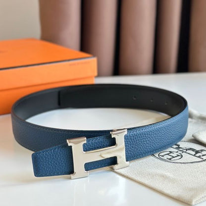HERM H Reversible Belt 32MM in Blue Clemence Leather
