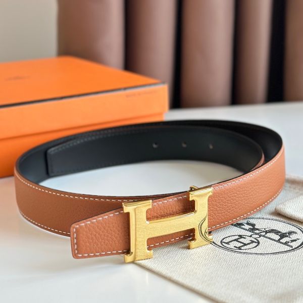 HERM H Reversible Belt 32MM in Grey Clemence Leather