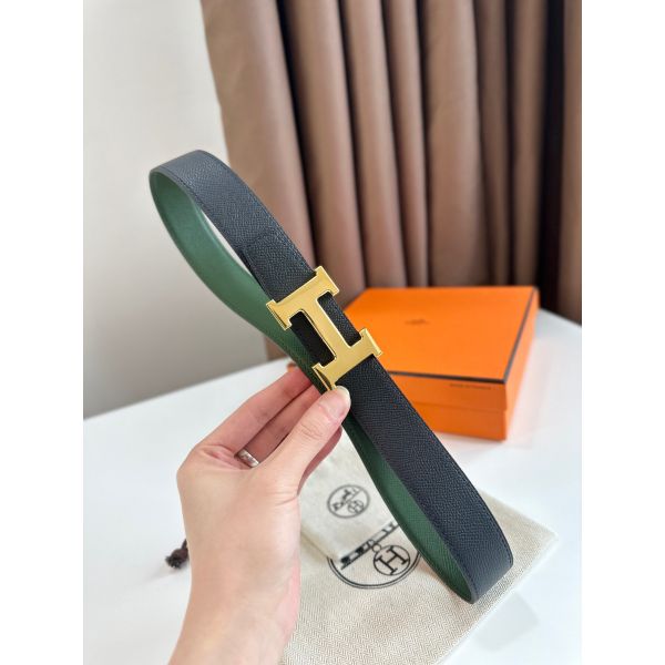 HERM H Reversible Belt 32MM in Black and Green Epsom Leather