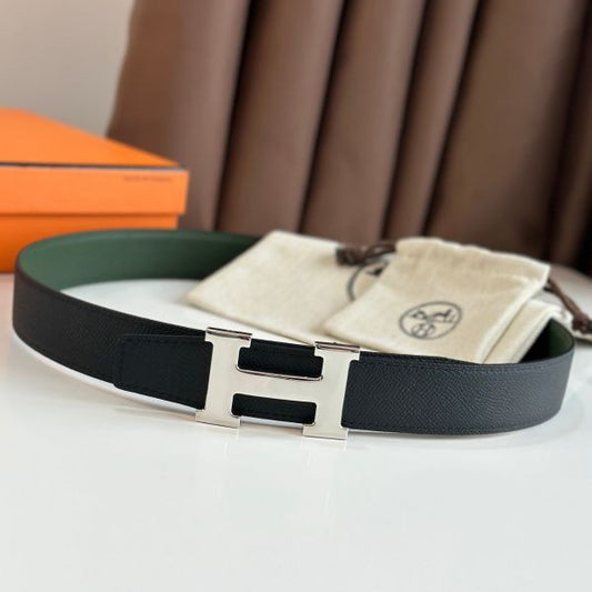 HERM H Reversible Belt 32MM in Black and Green Epsom Leather