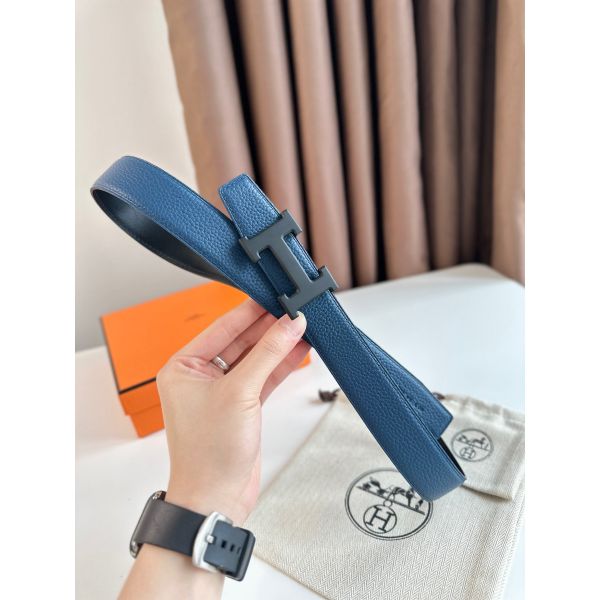 HERM H Reversible 32MM Belt with Matte Buckle in Blue Clemence Leather