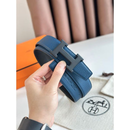 HERM H Reversible 32MM Belt with Matte Buckle in Blue Clemence Leather