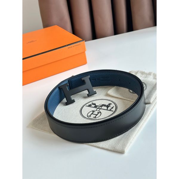 HERM H Reversible 32MM Belt with Matte Buckle in Blue Clemence Leather