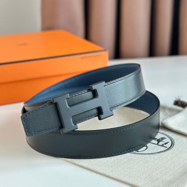 HERM H Reversible 32MM Belt with Matte Buckle in Blue Clemence Leather