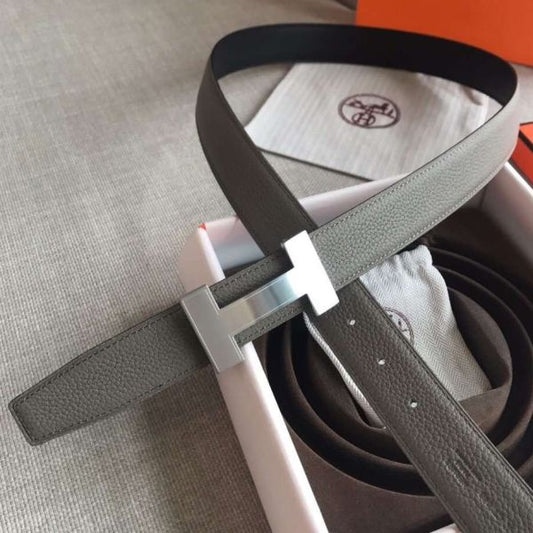 HERM Quizz 32mm Reversible Belt In Grey Clemence Leather