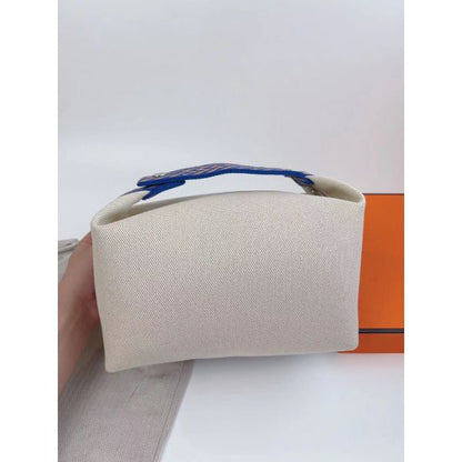 HERM Bride-a-Brac Large Case in Ecru Canvas with Blue Zigzag Motifs