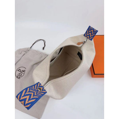 HERM Bride-a-Brac Large Case in Ecru Canvas with Blue Zigzag Motifs