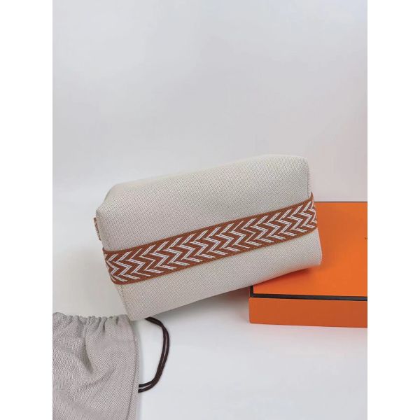 HERM Bride-a-Brac Large Case in Ecru Canvas with Brown Zigzag Motifs