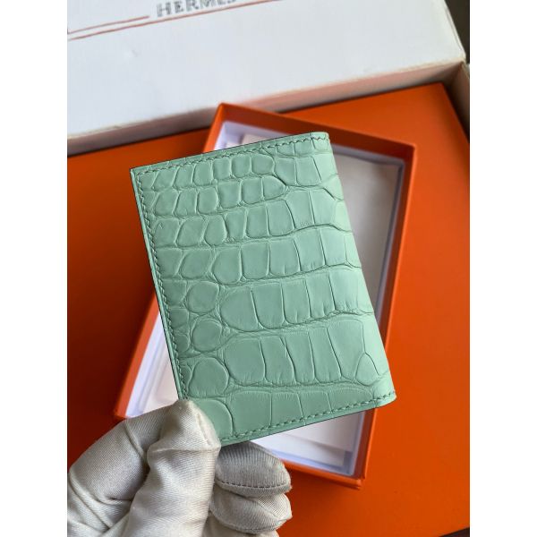 HERM MC¬≤ Euclide Card Holder in Vert D'eau Matte Alligator Leather