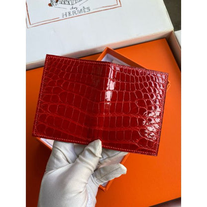 HERM MC¬≤ Euclide Card Holder in Red Shiny Alligator Leather