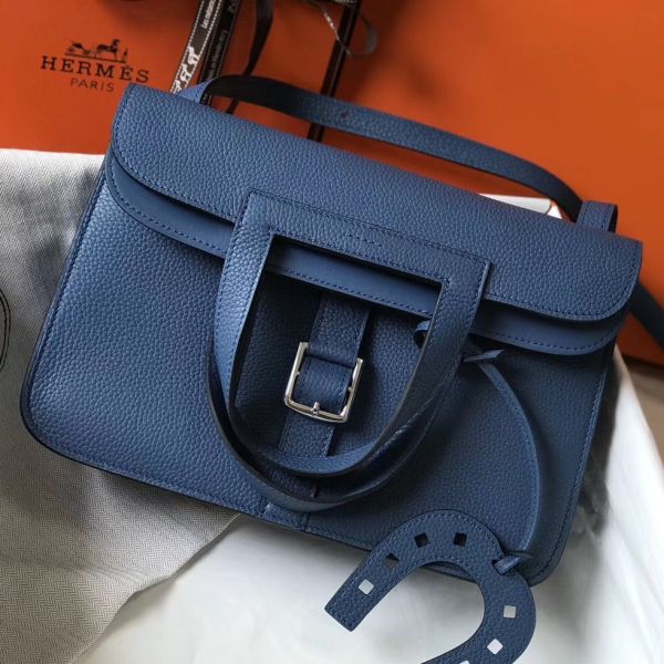 HERM Halzan 31cm Bag In Blue Agate Clemence Leather