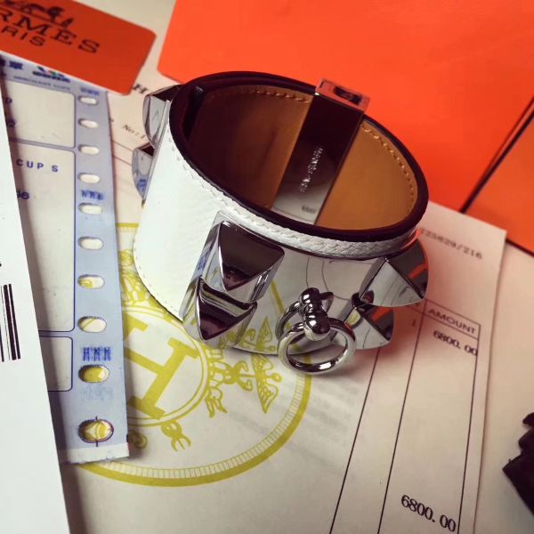 HERM White Epsom Collier de Chien Bracelet Size S