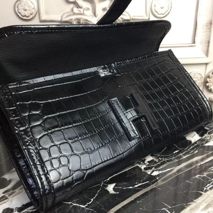 HERM Jige Elan 29 Clutch In Black Crocodile Leather