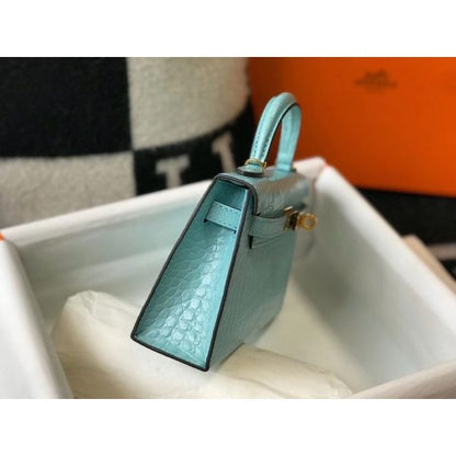 HERM Kelly Mini II Bag In Blue Atoll Embossed Crocodile Leather