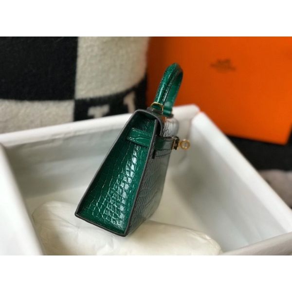 HERM Kelly Mini II Bag In Green Embossed Crocodile Leather