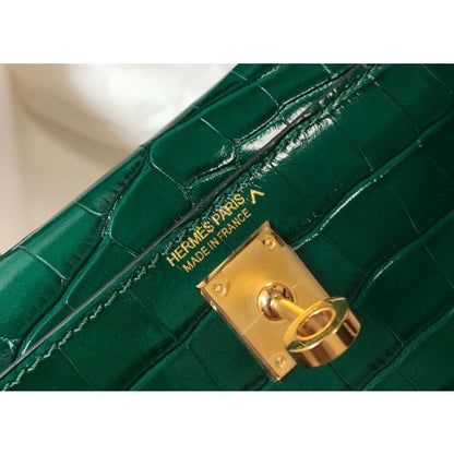 HERM Kelly Mini II Bag In Green Embossed Crocodile Leather