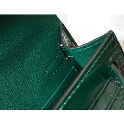 HERM Kelly Mini II Bag In Green Embossed Crocodile Leather