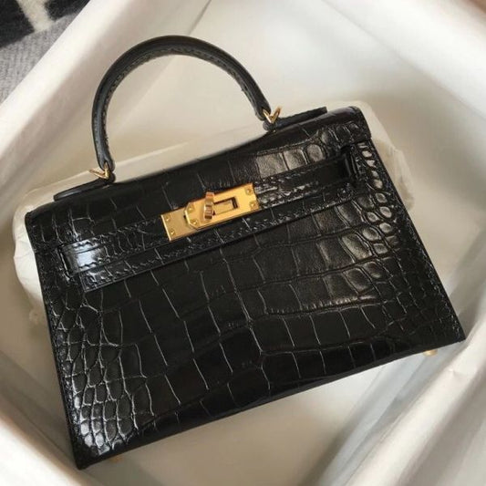 HERM Kelly Mini II Bag In Black Embossed Crocodile Leather