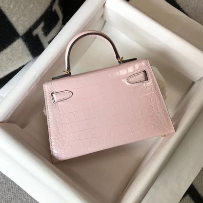 HERM Kelly Mini II Bag In Rose Dragee Embossed Crocodile Leather