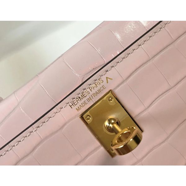 HERM Kelly Mini II Bag In Rose Dragee Embossed Crocodile Leather