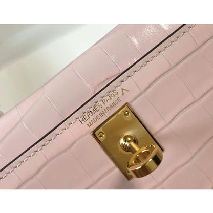 HERM Kelly Mini II Bag In Rose Dragee Embossed Crocodile Leather