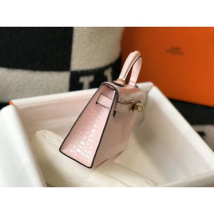 HERM Kelly Mini II Bag In Rose Dragee Embossed Crocodile Leather