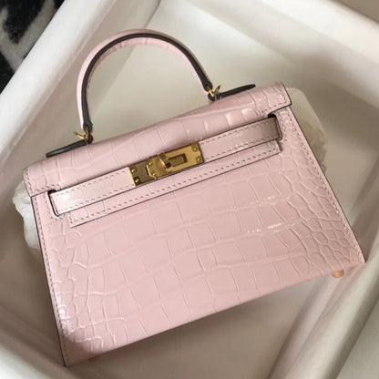 HERM Kelly Mini II Bag In Rose Dragee Embossed Crocodile Leather