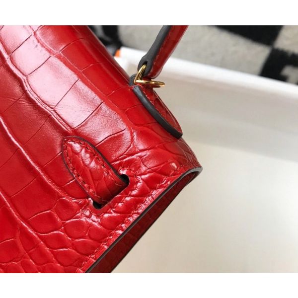 HERM Kelly Mini II Bag In Red Embossed Crocodile Leather