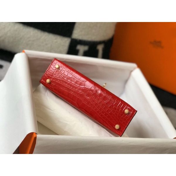 HERM Kelly Mini II Bag In Red Embossed Crocodile Leather