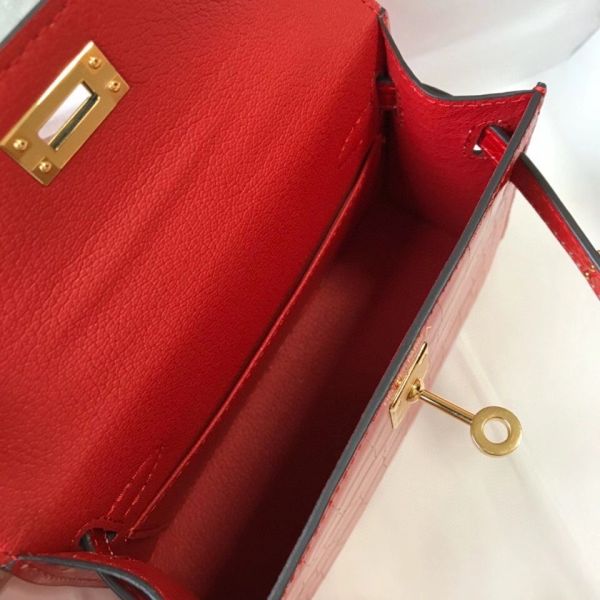 HERM Kelly Mini II Bag In Red Embossed Crocodile Leather