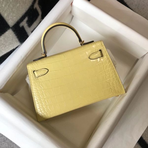 HERM Kelly Mini II Bag In Jaune Poussin Embossed Crocodile Leather