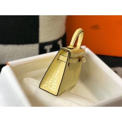 HERM Kelly Mini II Bag In Jaune Poussin Embossed Crocodile Leather