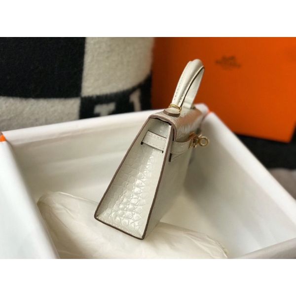 HERM Kelly Mini II Bag In Beton Embossed Crocodile Leather