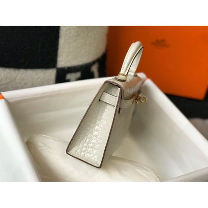 HERM Kelly Mini II Bag In Beton Embossed Crocodile Leather