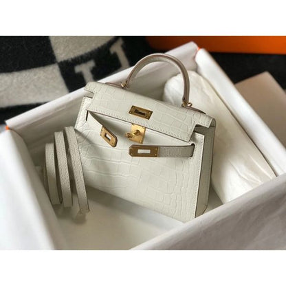 HERM Kelly Mini II Bag In Beton Embossed Crocodile Leather