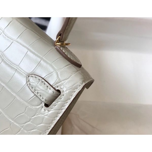 HERM Kelly Mini II Bag In Beton Embossed Crocodile Leather