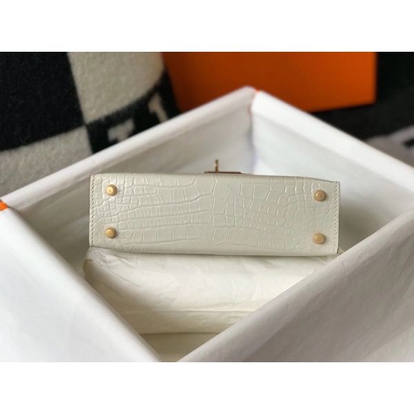 HERM Kelly Mini II Bag In Beton Embossed Crocodile Leather