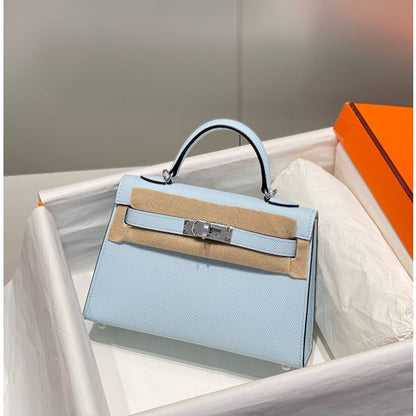 HERM Kelly Mini II Bag In Blue Brume Epsom Leather PHW
