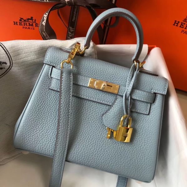 HERM Kelly 20cm Bag In Blue Lin Clemence Leather GHW