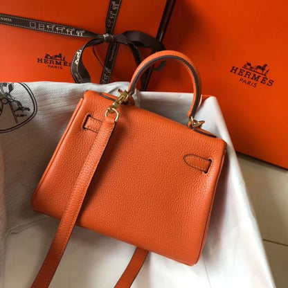 HERM Kelly 20cm Bag In Orange Clemence Leather GHW