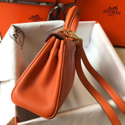 HERM Kelly 20cm Bag In Orange Clemence Leather GHW