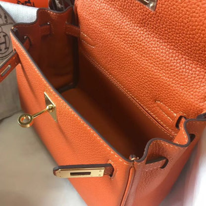 HERM Kelly 20cm Bag In Orange Clemence Leather GHW