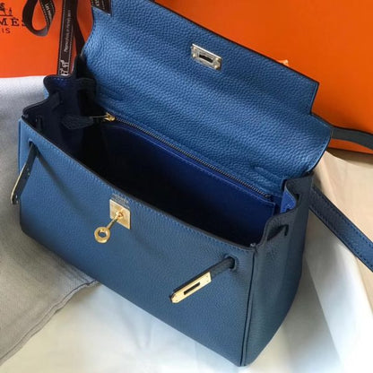 HERM Kelly 25cm Retourne Bag In Agate Blue Clemence Leather