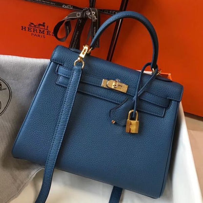 HERM Kelly 25cm Retourne Bag In Agate Blue Clemence Leather