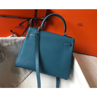 HERM Kelly 25cm Retourne Bag In Blue Jean Clemence Leather
